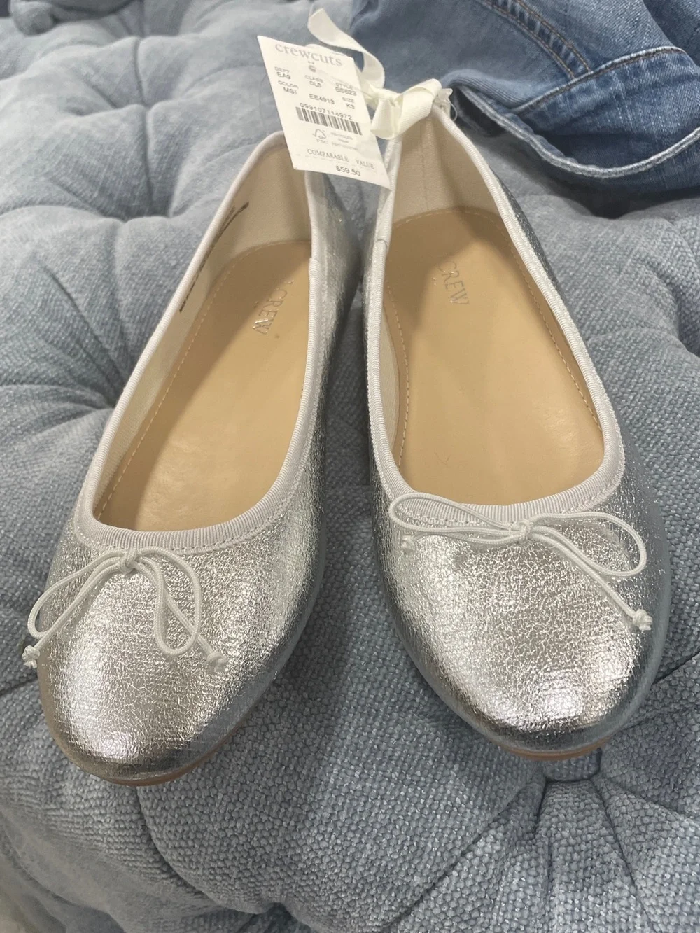 J. Crew Girls' Silver Metallic Ballet Flats with Bow Trim